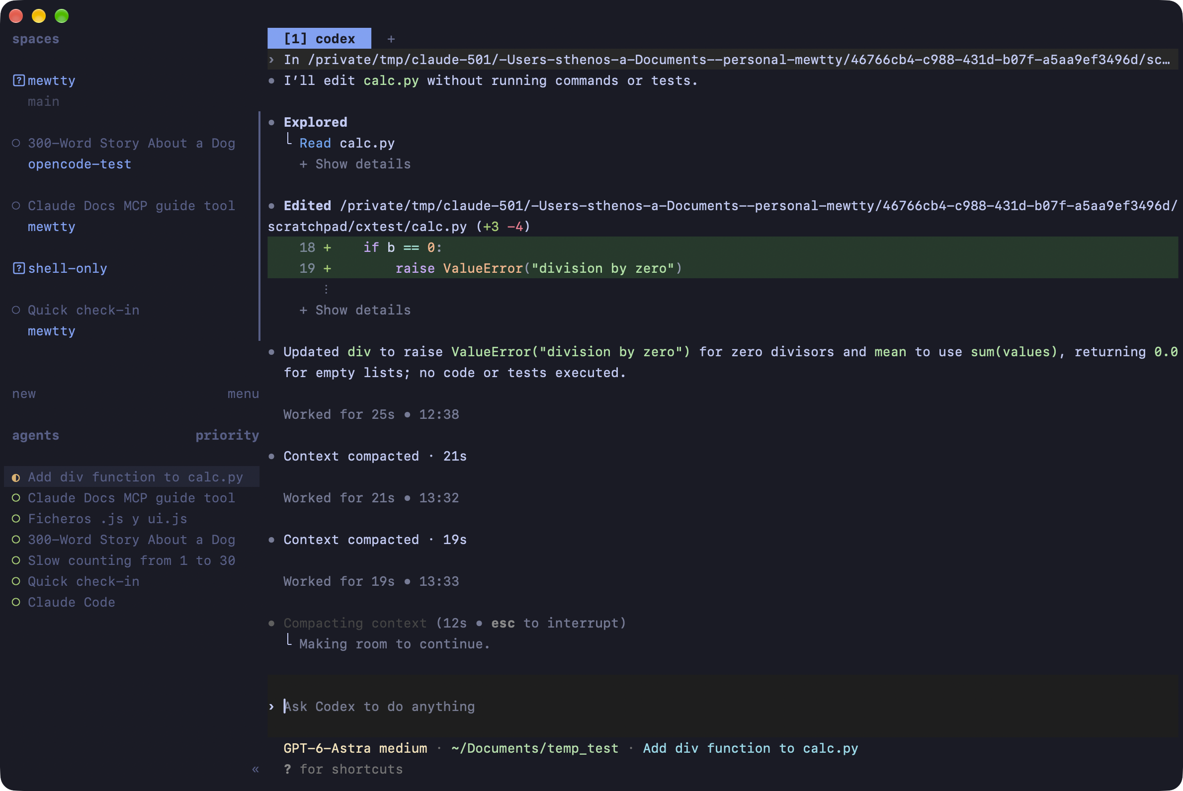 The running mewtty-test workspace in terminal mode, with herdr spaces and a Codex edit of calc.py